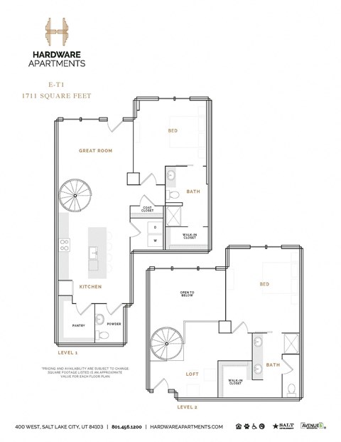 Floor plan for 2 beds, 2.5 baths, 1879 sqft